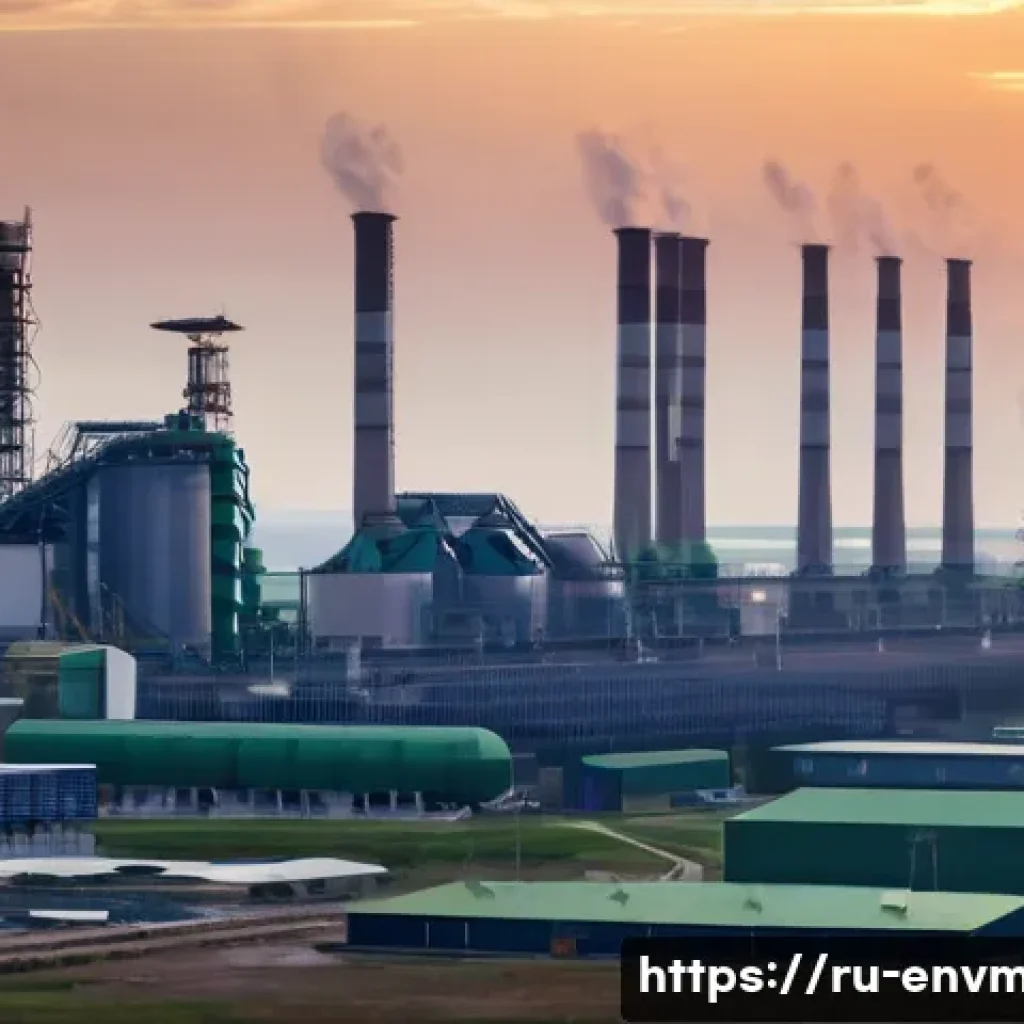 환경경영 실무 사례 분석 - **Prompt:** A panoramic shot of a state-of-the-art Russian metallurgical plant at dawn, showcasing i...