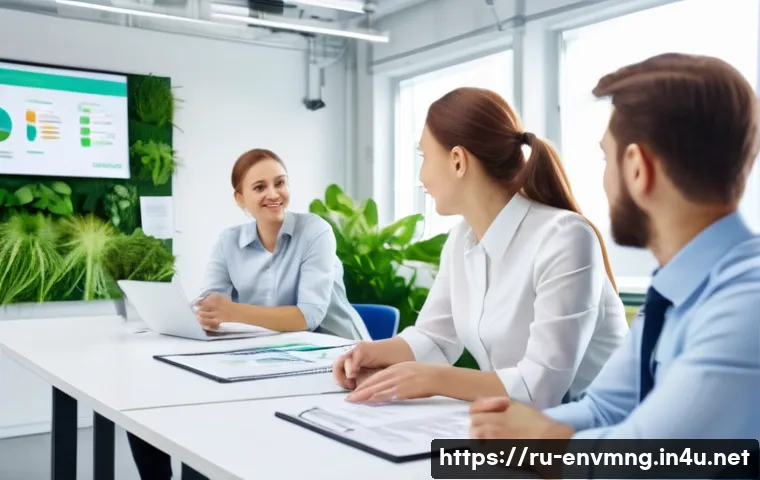 환경경영 관련 교육 및 훈련 - A diverse group of professional employees engaged in an interactive environmental simulation worksho...