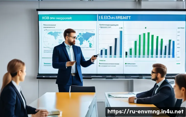 환경경영 연봉 상승을 위한 팁 - A professional environmental manager in a modern office setting, confidently presenting a detailed r...