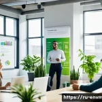환경경영 이론 및 실제 적용 - A modern corporate office environment featuring a diverse group of professional employees engaging i...