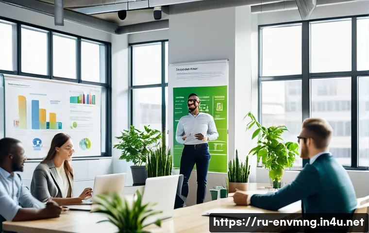 환경경영 이론 및 실제 적용 - A modern corporate office environment featuring a diverse group of professional employees engaging i...