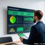 환경경영 자격증 취득 후 성장 전략 - A professional environmental manager in business attire, confidently presenting a digital dashboard ...