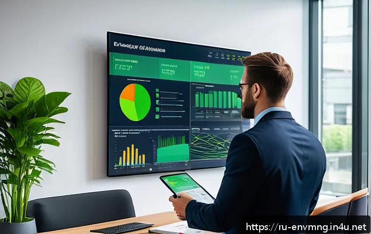 환경경영 자격증 취득 후 성장 전략 - A professional environmental manager in business attire, confidently presenting a digital dashboard ...