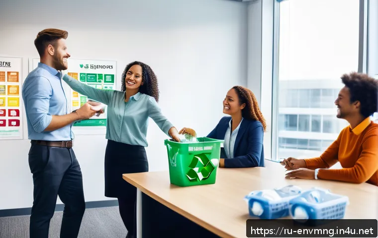 환경경영 실무에서의 리더십 - A modern corporate office environment showcasing diverse employees actively participating in eco-fri...